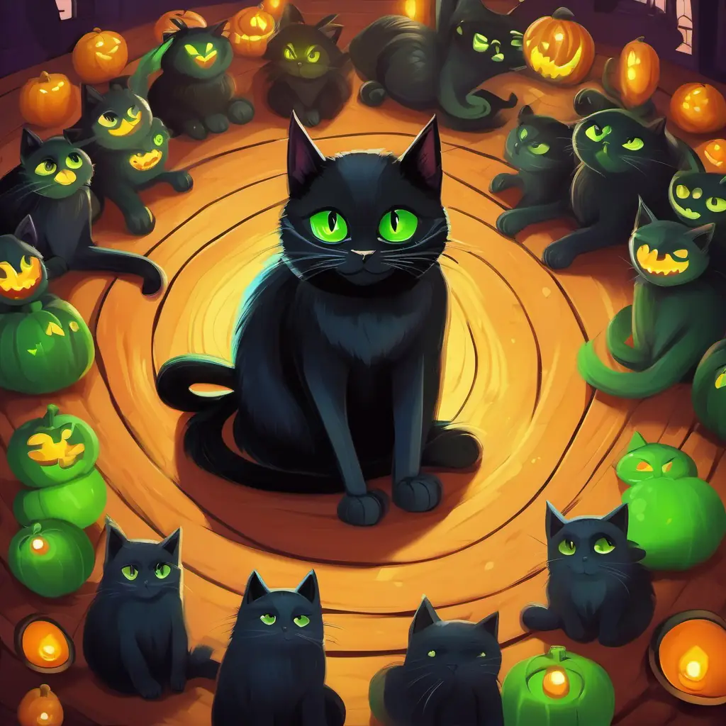 Black cat with bright green eyes, sleek fur and kids sitting in a circle, learning to count to ten