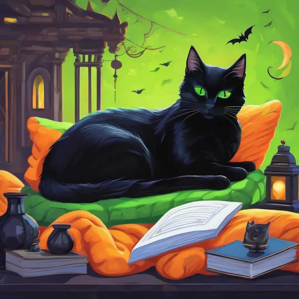 Black cat with bright green eyes, sleek fur sleeping on his cushion, dreaming of coding adventures