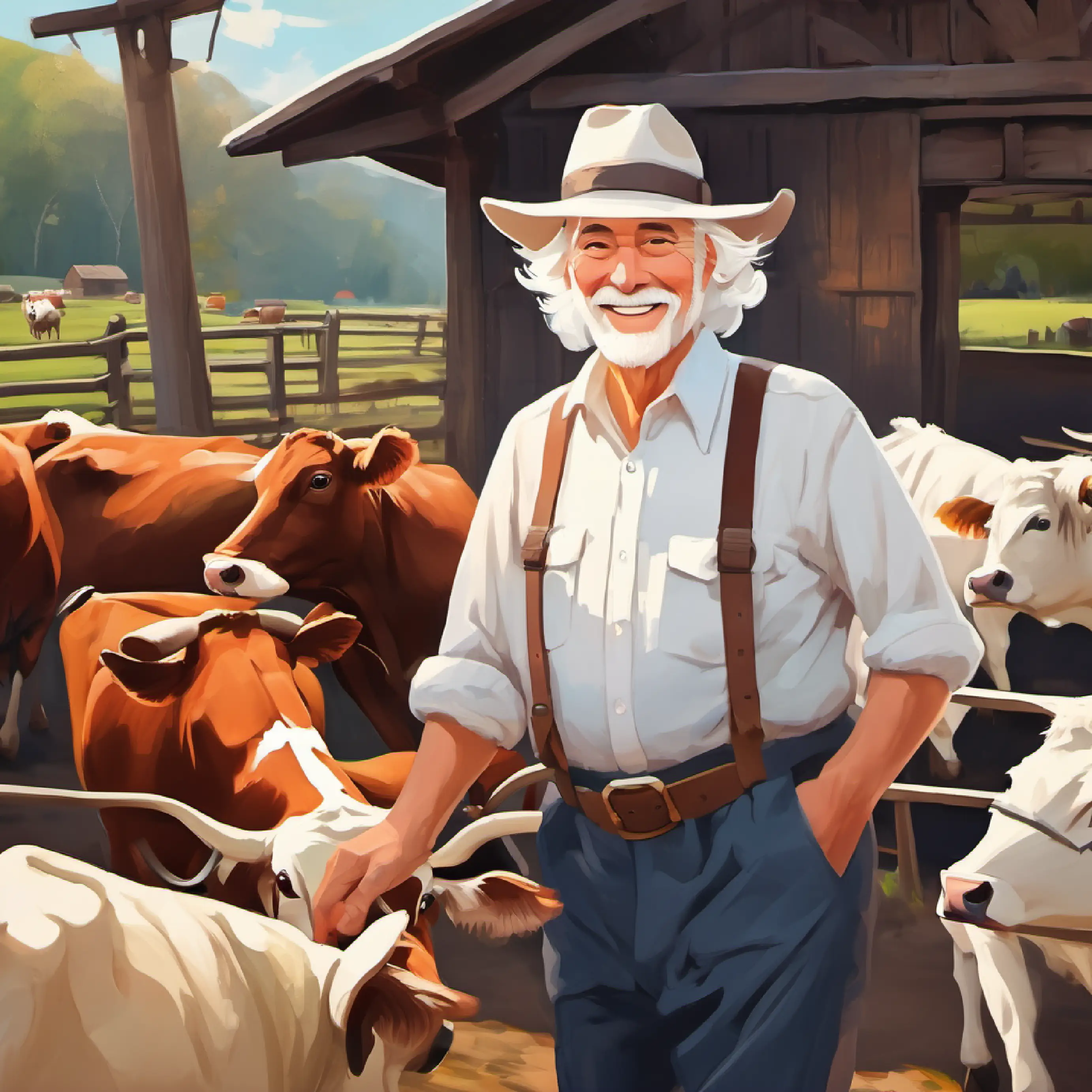 Older man, white hair, happy face, wears a hat with his cows at the farm.