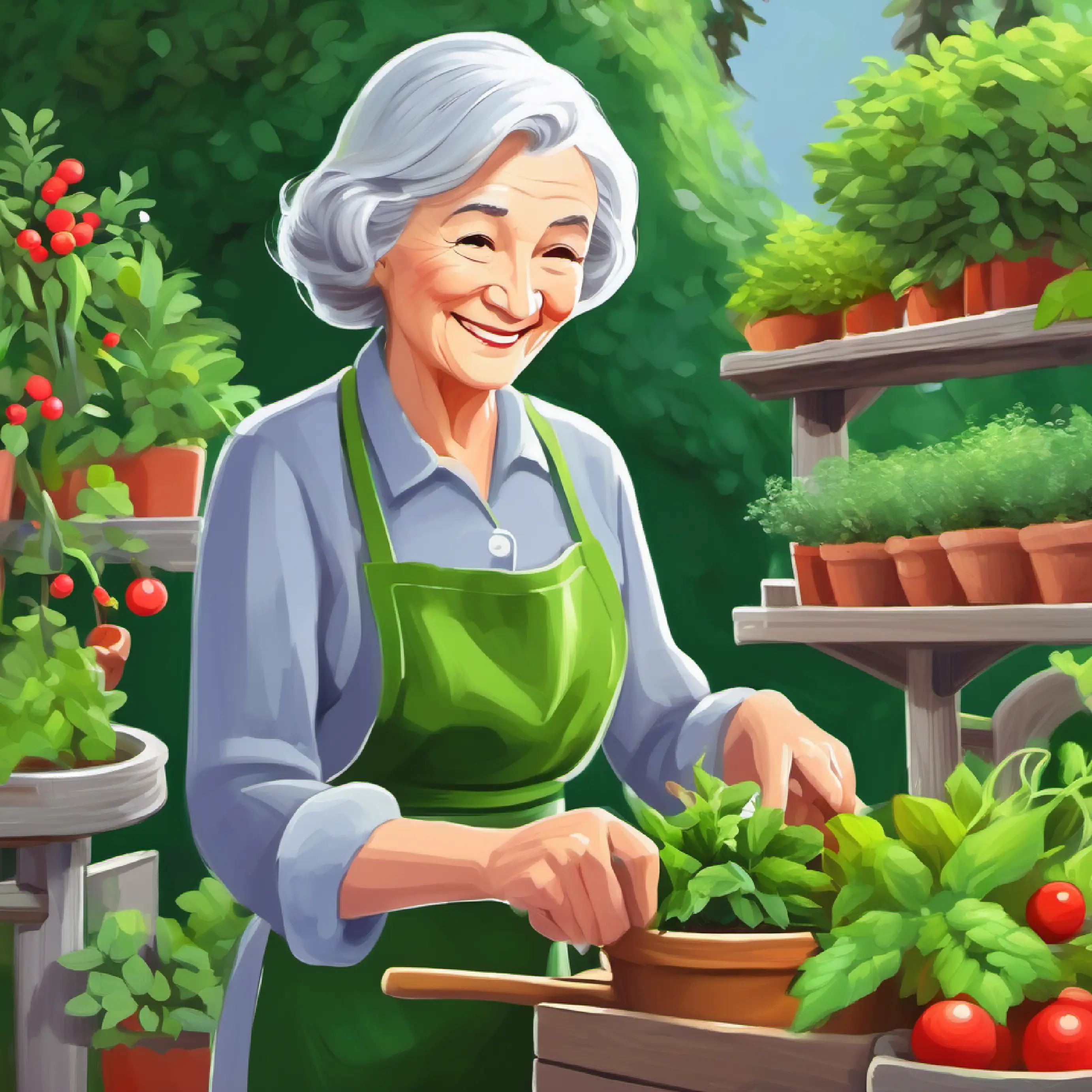 Older woman, grey hair, smiling, green apron tending to her garden.