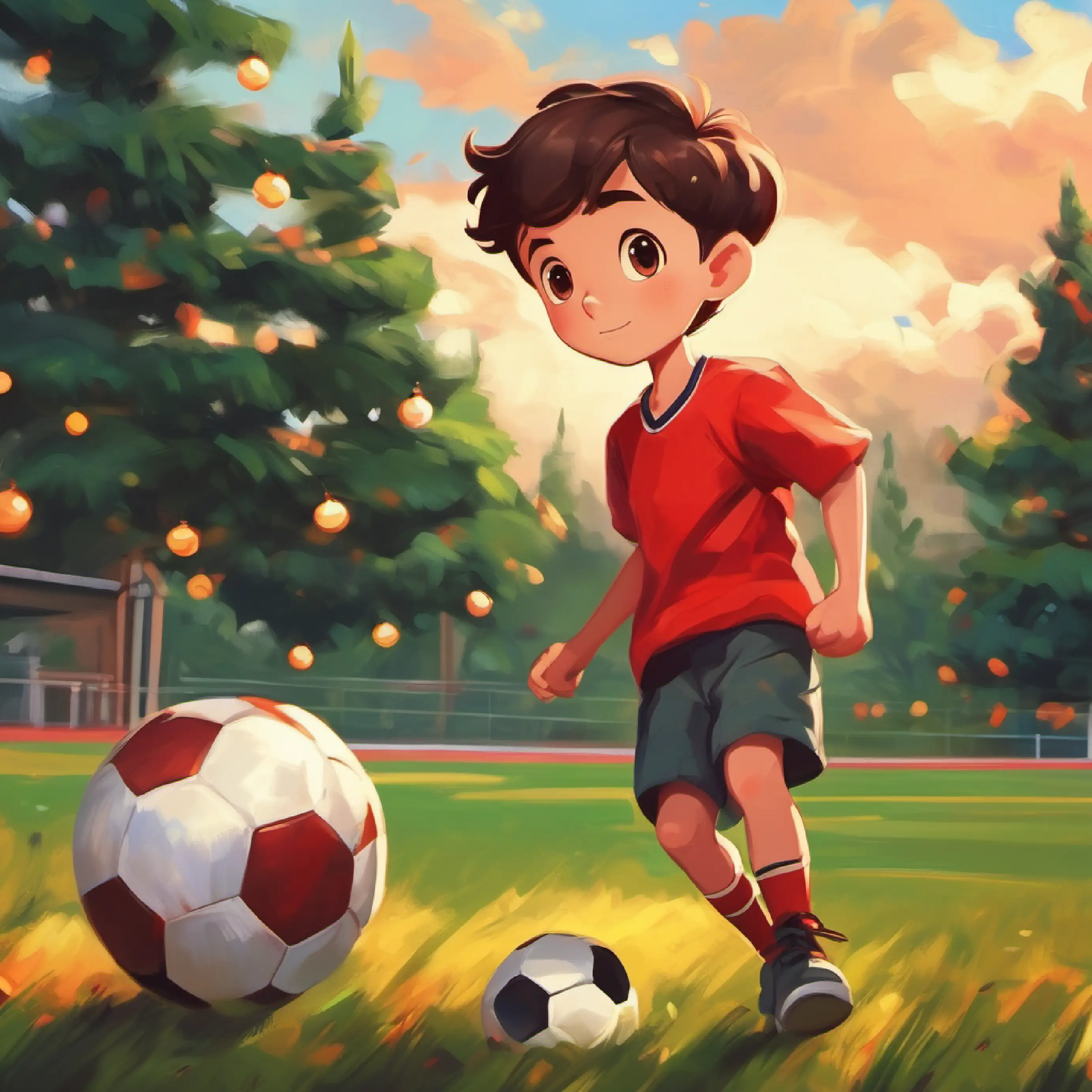 Boy with short hair, brown eyes, wearing a red shirt playing football outside.