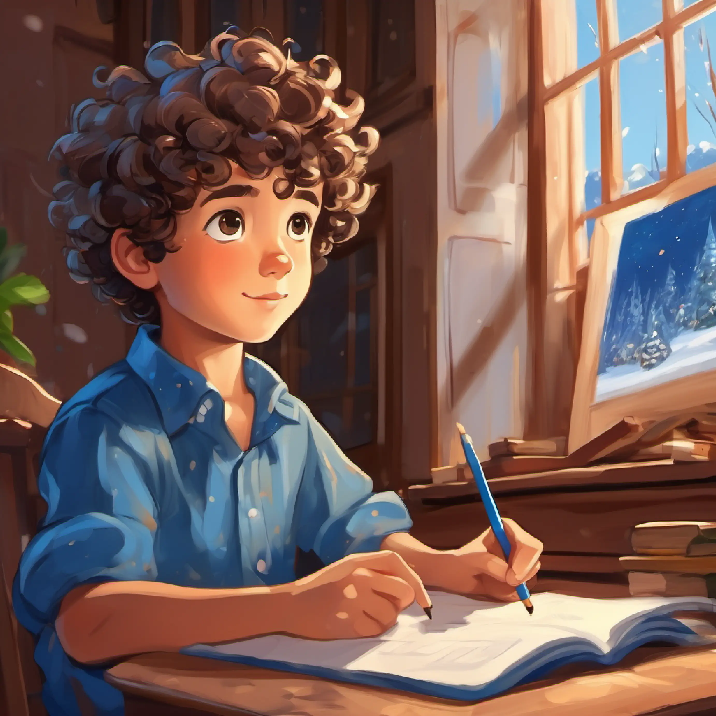 Boy with curly hair, brown eyes, blue shirt drawing a picture.