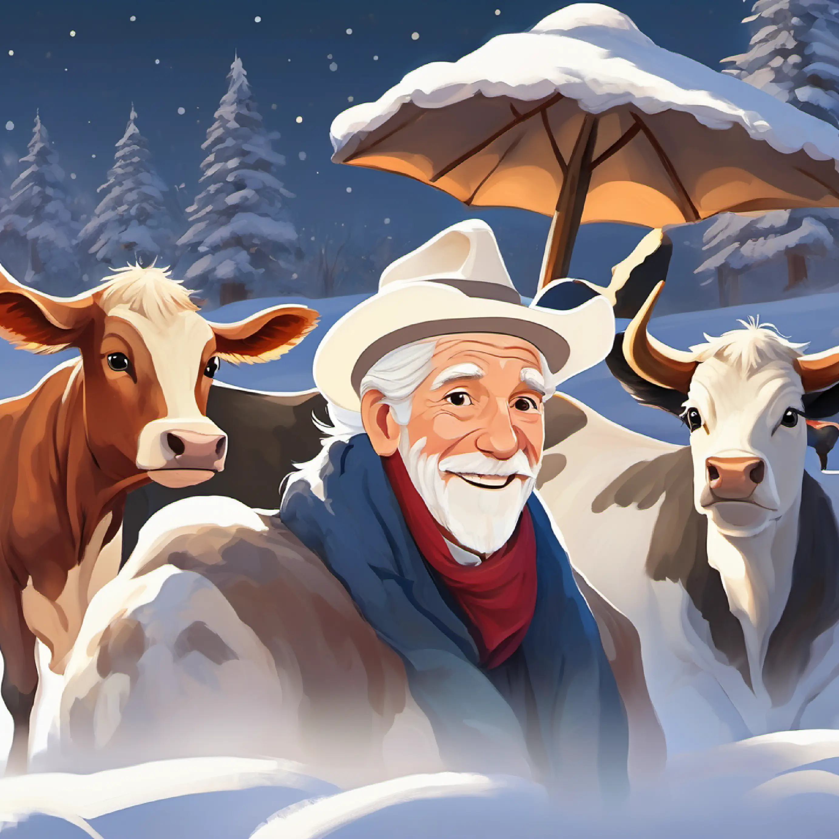 Older man, white hair, happy face, wears a hat inviting the boys to see the cow.