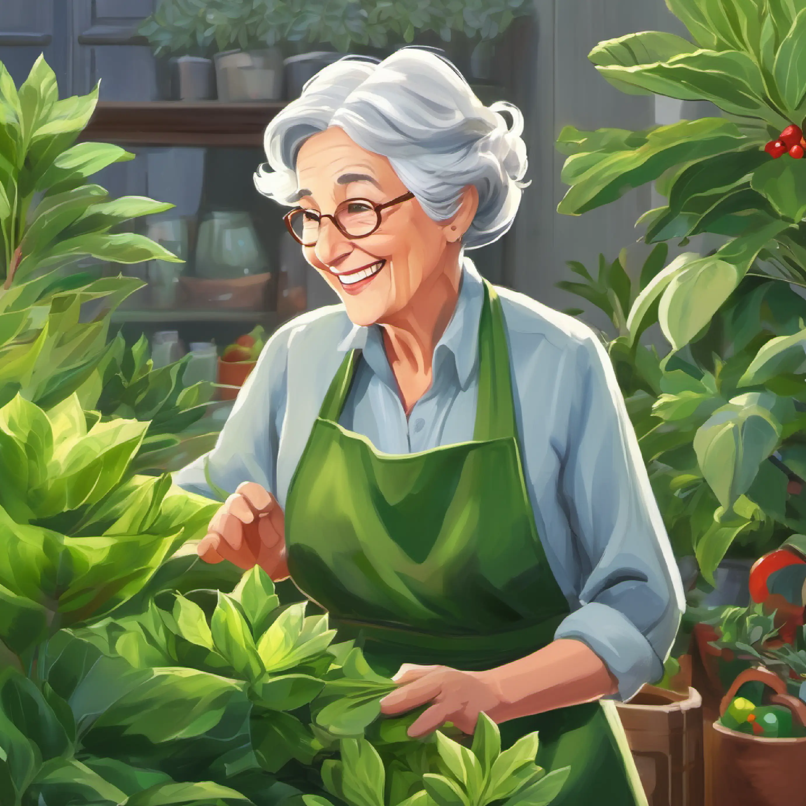 Older woman, grey hair, smiling, green apron calling the boys to see the plants.