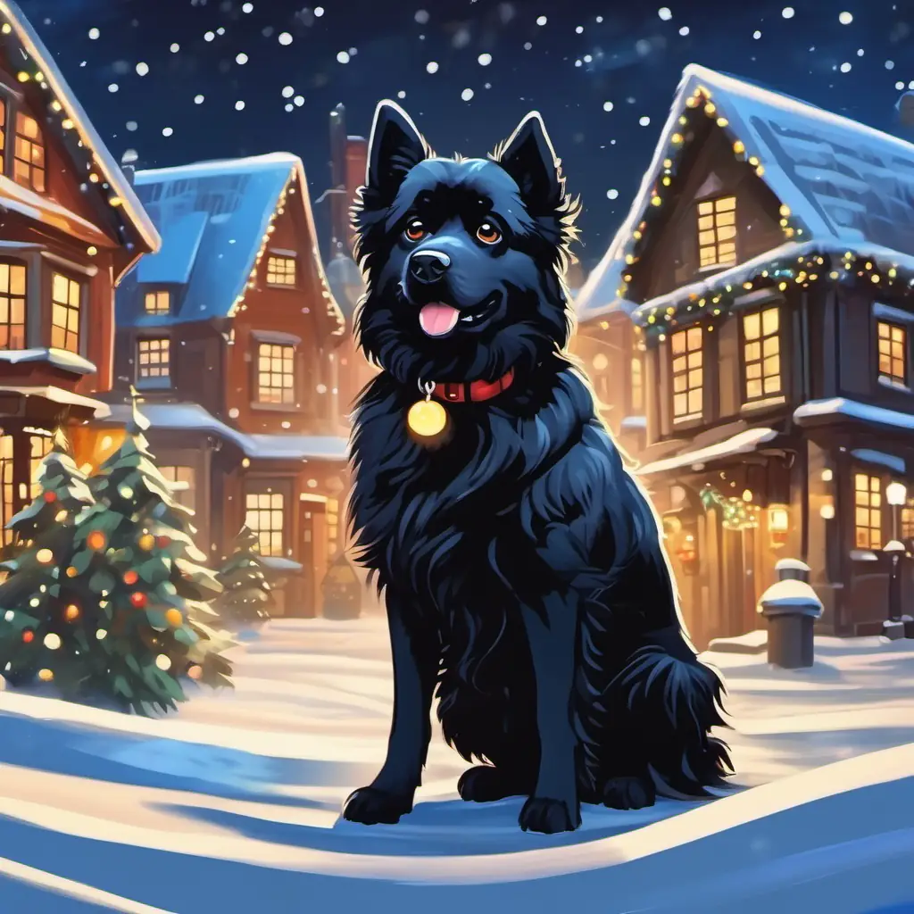 Fluffy black dog with a big smile and friendly eyes looking sad in a snowy town, with houses and twinkling lights in the background.