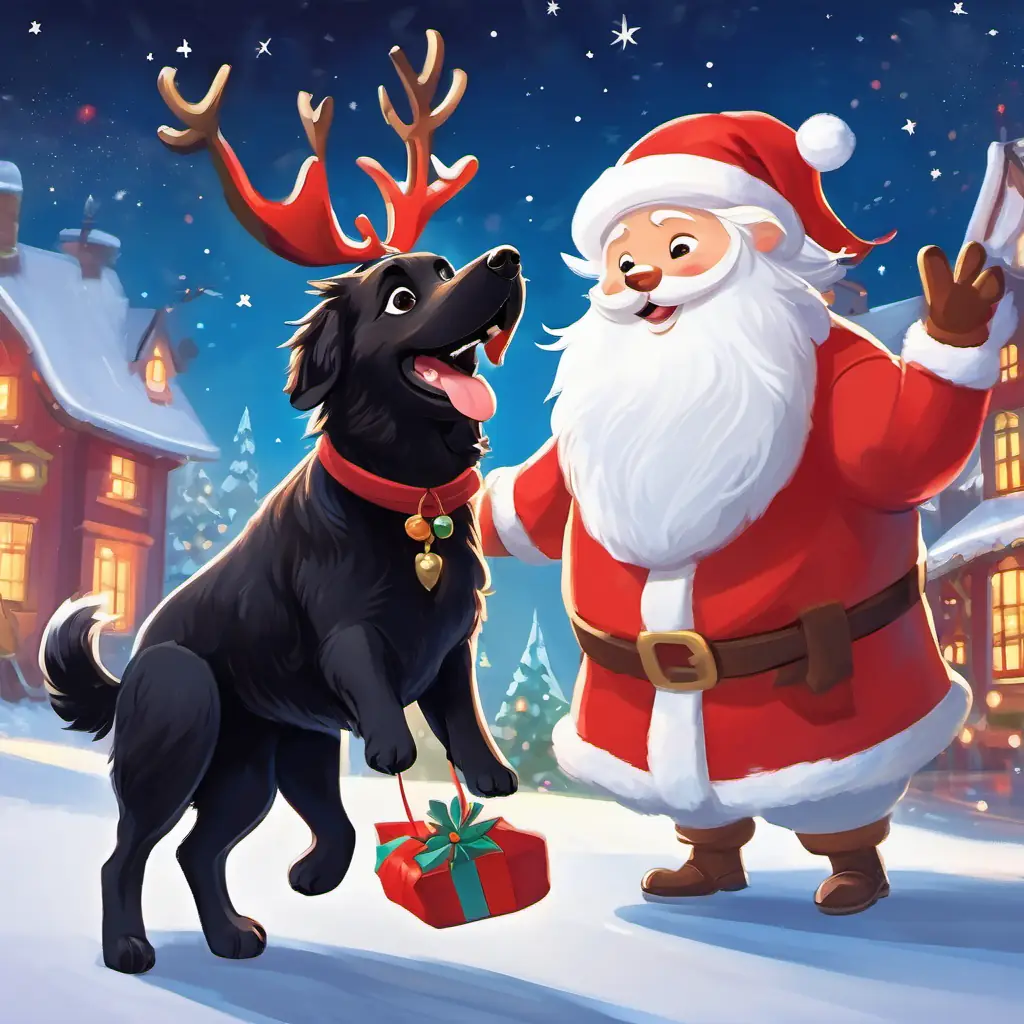 Fluffy black dog with a big smile and friendly eyes looking excited, standing on her hind legs to see Jolly man in a red suit with a big white beard flying with his reindeer in the starry sky.