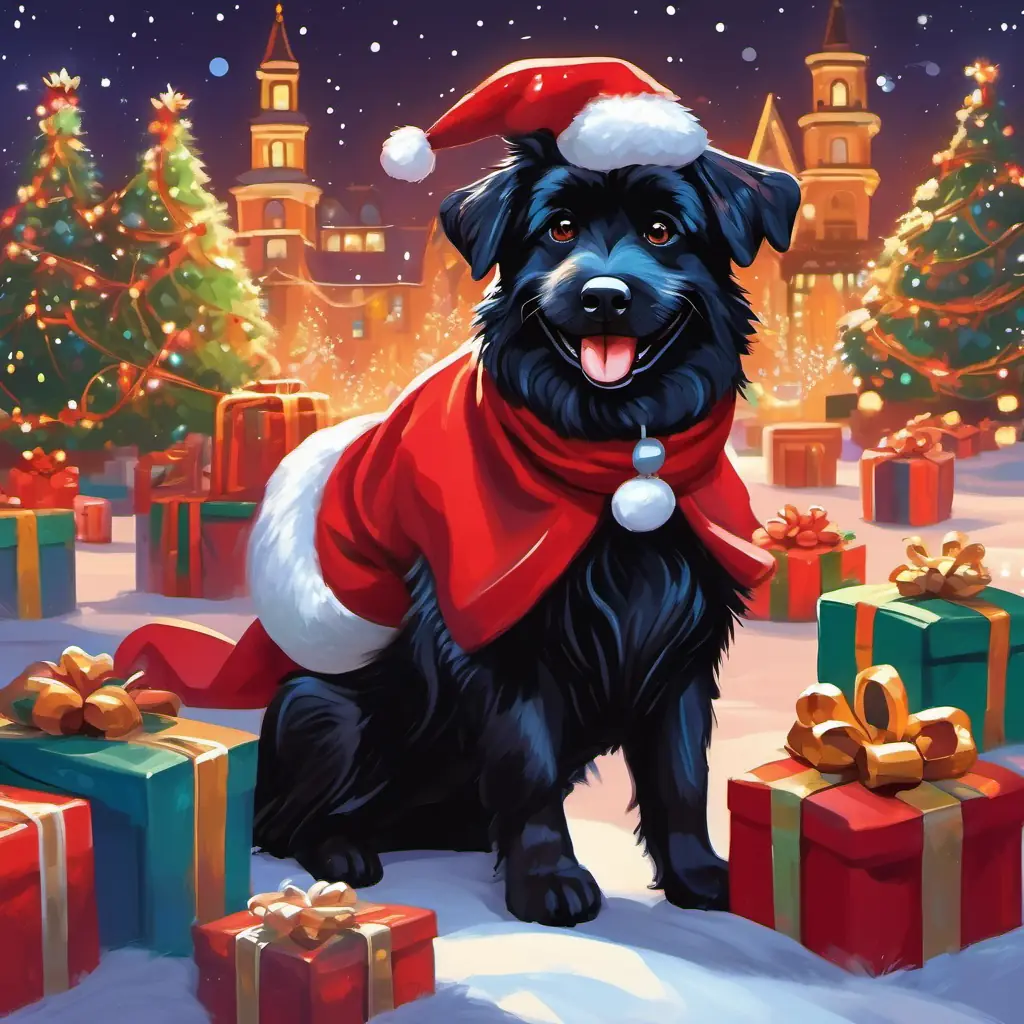 Fluffy black dog with a big smile and friendly eyes sitting in Jolly man in a red suit with a big white beard's sleigh with a big smile, surrounded by presents and twinkling lights.