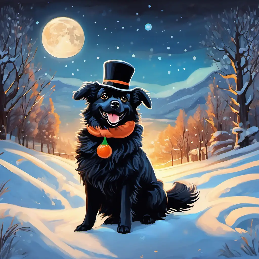 Fluffy black dog with a big smile and friendly eyes dancing with Round figures made of snow with carrot noses and top hats in a snowy field, with a full moon shining above.