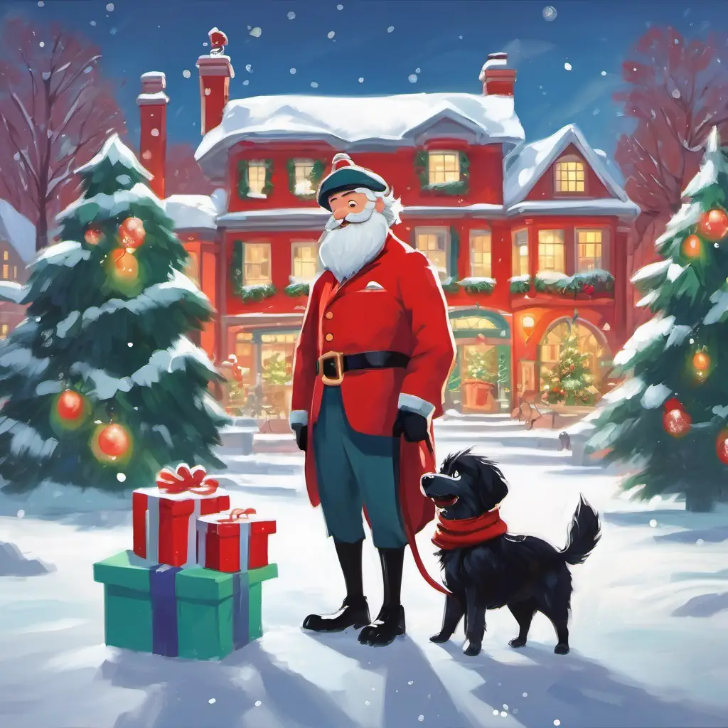 Fluffy black dog with a big smile and friendly eyes and Jolly man in a red suit with a big white beard delivering presents together, with houses and snow-covered trees in the background.