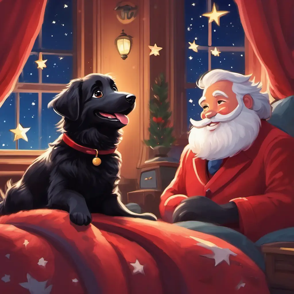 Fluffy black dog with a big smile and friendly eyes waving to Jolly man in a red suit with a big white beard as he flies away, with a cozy bed and twinkling stars in the background.