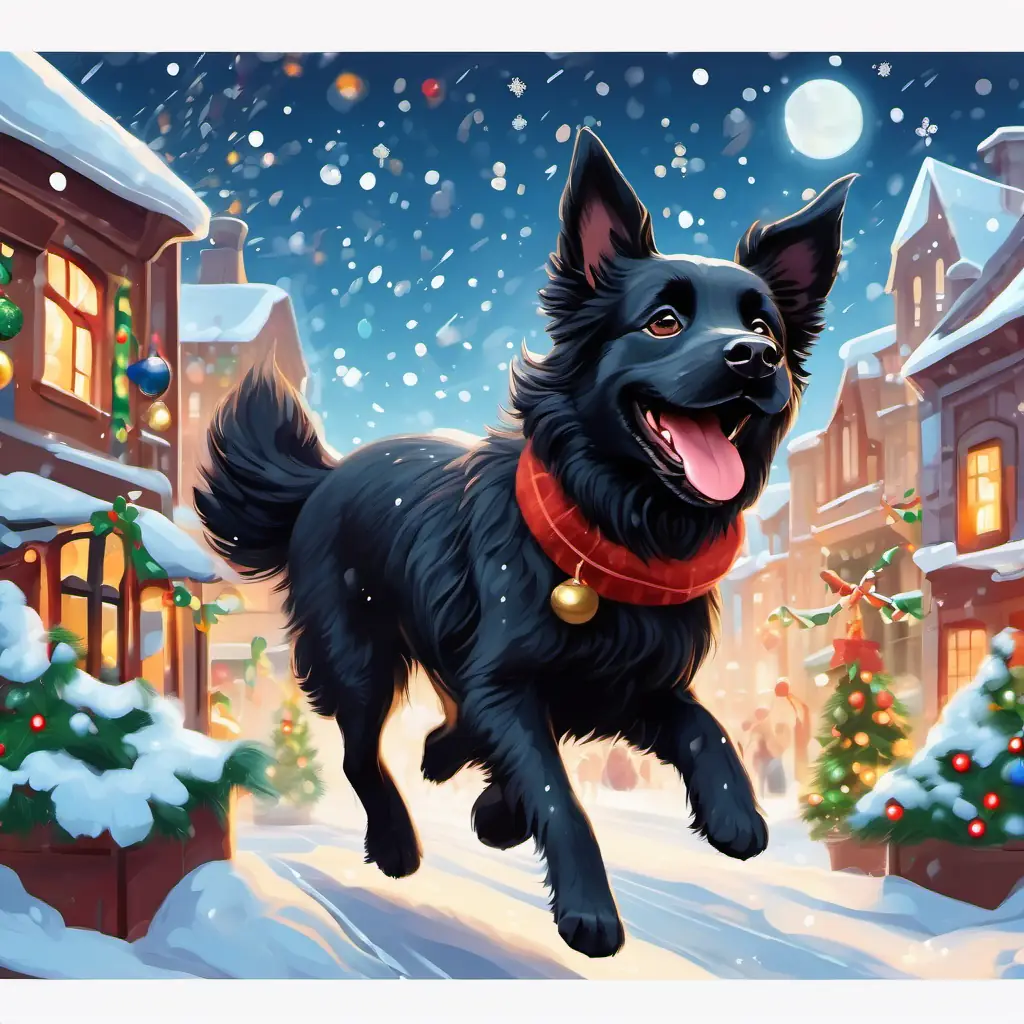 Fluffy black dog with a big smile and friendly eyes running through a town filled with happy people and Christmas decorations, with snowflakes falling from the sky.