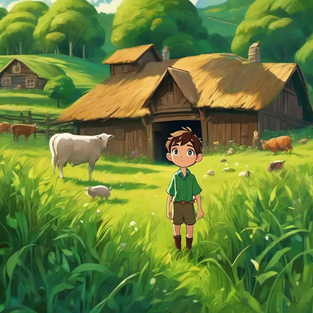 Curious and clever boy with brown hair and twinkling green eyes standing in a lush green field, surrounded by barns and animals.