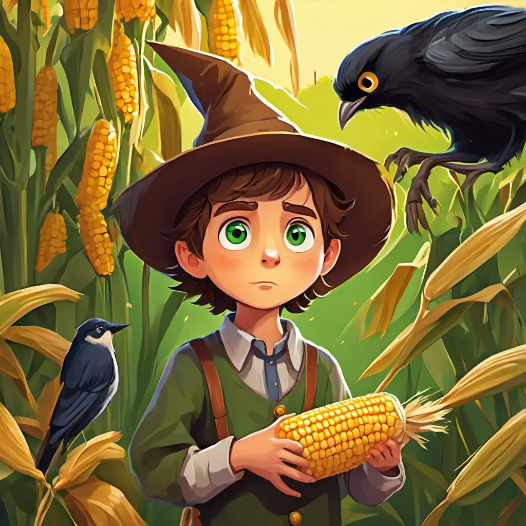 Curious and clever boy with brown hair and twinkling green eyes looking perplexed, with a hatless scarecrow and mischievous crows stealing corn.