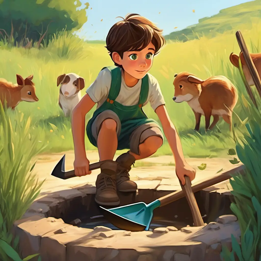 Curious and clever boy with brown hair and twinkling green eyes digging with a shovel near the well, parched animals watching hopefully.