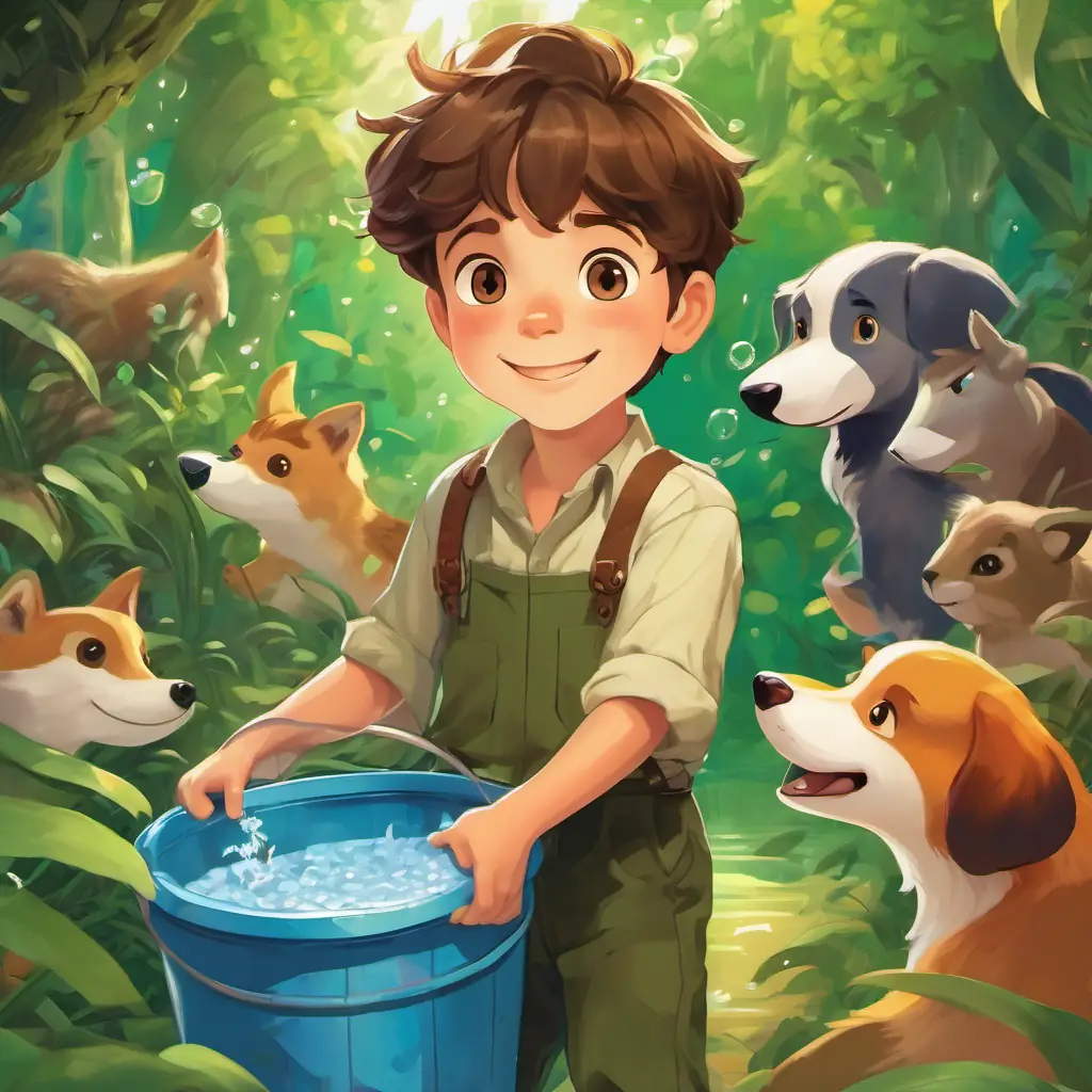 Curious and clever boy with brown hair and twinkling green eyes triumphantly holding a bucket of water, joyous animals gathered around him.