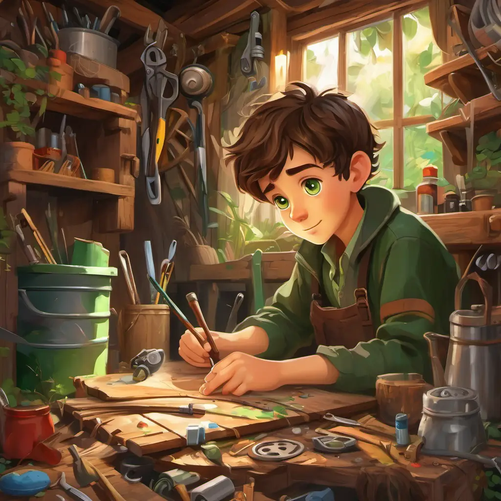 Curious and clever boy with brown hair and twinkling green eyes surrounded by a cluttered shed, various tools and supplies scattered around.