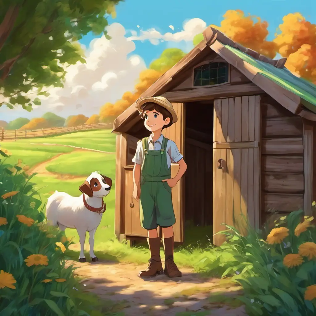 Curious and clever boy with brown hair and twinkling green eyes standing with a neat and tidy storage shed, farmer expressing gratitude.