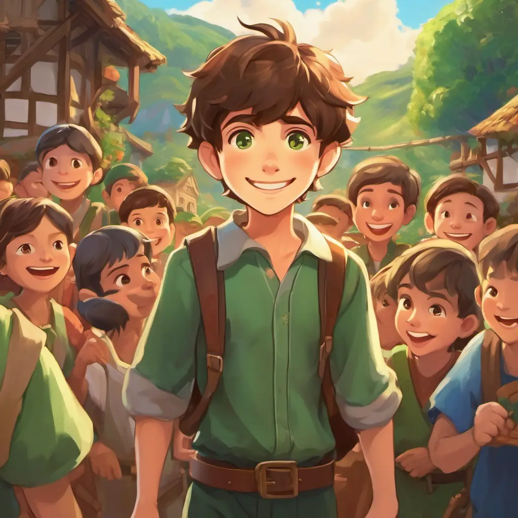 Curious and clever boy with brown hair and twinkling green eyes surrounded by villagers, his confident smile showing his willingness to help.