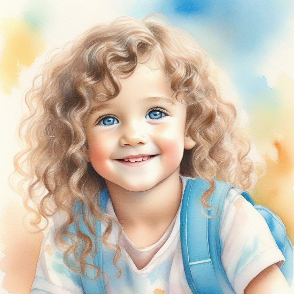 Curly brown hair, bright blue eyes, kind-hearted in orphanage with other children, pastel colors.