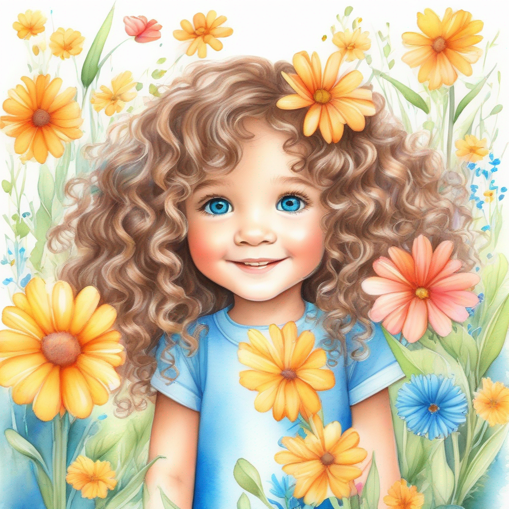 Curly brown hair, bright blue eyes, kind-hearted playing in the garden with friends, colorful flowers.