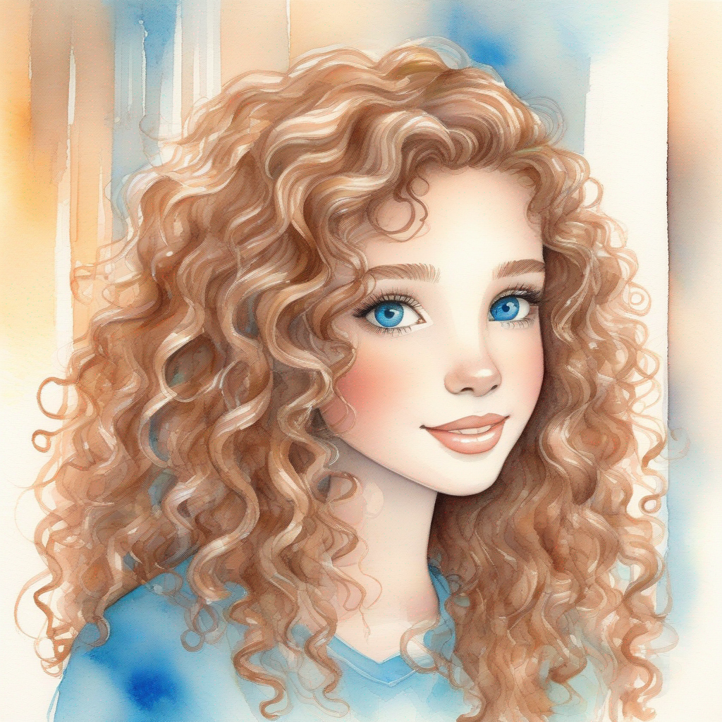 Curly brown hair, bright blue eyes, kind-hearted going to her new home with Kind couple, filled with hope and love, warm colors.