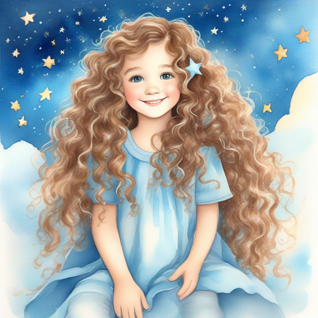 Curly brown hair, bright blue eyes, kind-hearted's bedroom decorated with stars and clouds, happiness.