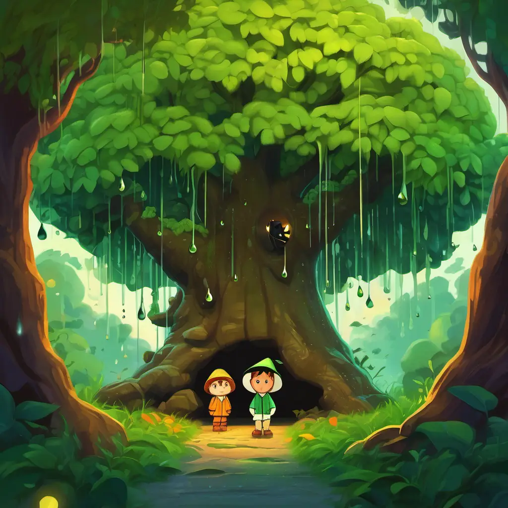 The text is shown on a page with an illustration of A tiny tree who grows into a big and beautiful tree with lush green leaves with a worried expression as raindrops fall all around him. The other three friends are safe and dry under the protective canopy of the big trees.