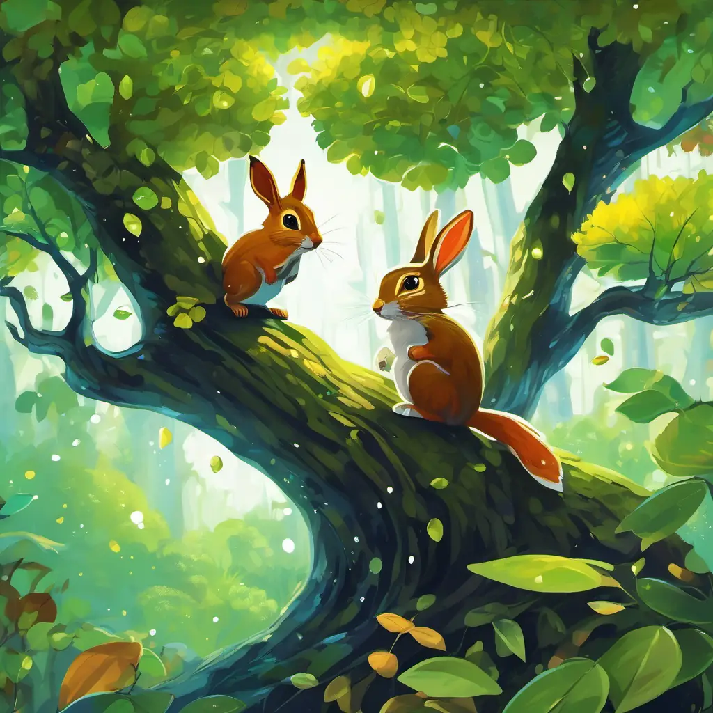 The text is shown on a page with an illustration of A tiny tree who grows into a big and beautiful tree with lush green leaves joyfully dancing in the rain. A tiny tree who grows into a big and beautiful tree with lush green leaves's transformation is depicted with growing branches and leaves, towering over A cheerful squirrel with brown fur and bright black eyes, A playful rabbit with soft white fur and sparkly brown eyes, and A colorful bird with feathers of blue, green, and yellow, and twinkling black eyes.