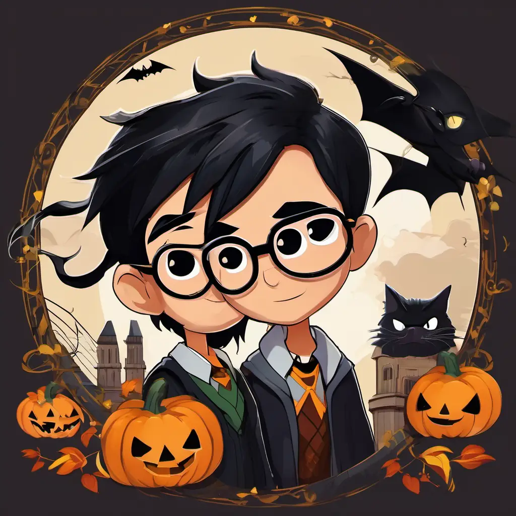 Jet-black hair, round glasses, lightning-shaped scar on forehead with jet-black hair, round glasses, and a lightning-shaped scar on forehead, living with mean aunt, uncle, cousin. Hogwarts School of Witchcraft and Wizardry invitation letter.