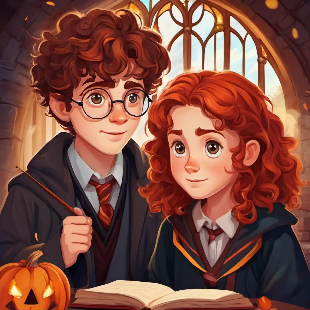 Harry with Curly brown hair, hazel eyes, smart and confident, Red hair, freckles, loyal and funny. Discovering Philosopher's Stone at Hogwarts.