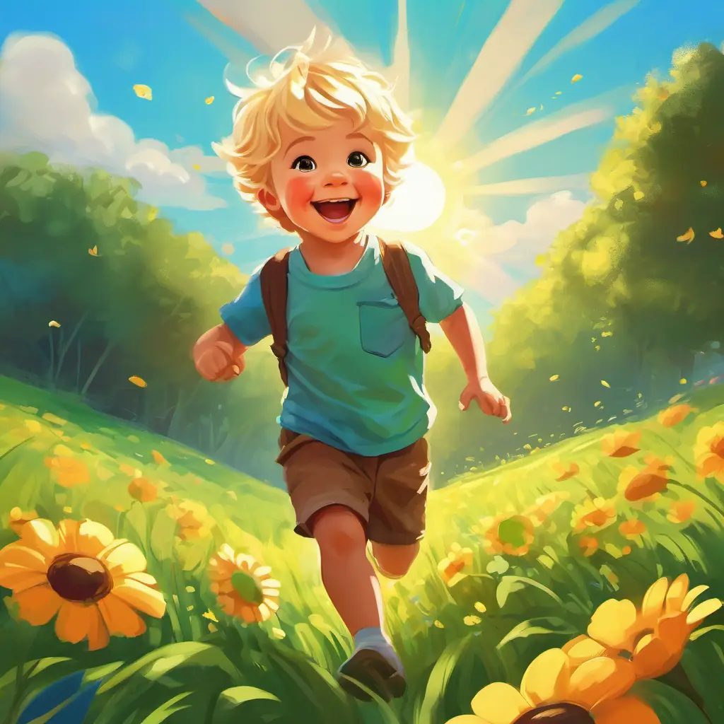 Jonas happily skipping through a green meadow with colorful flowers around, a bright blue sky above, and a big, smiley sun shining down on him.