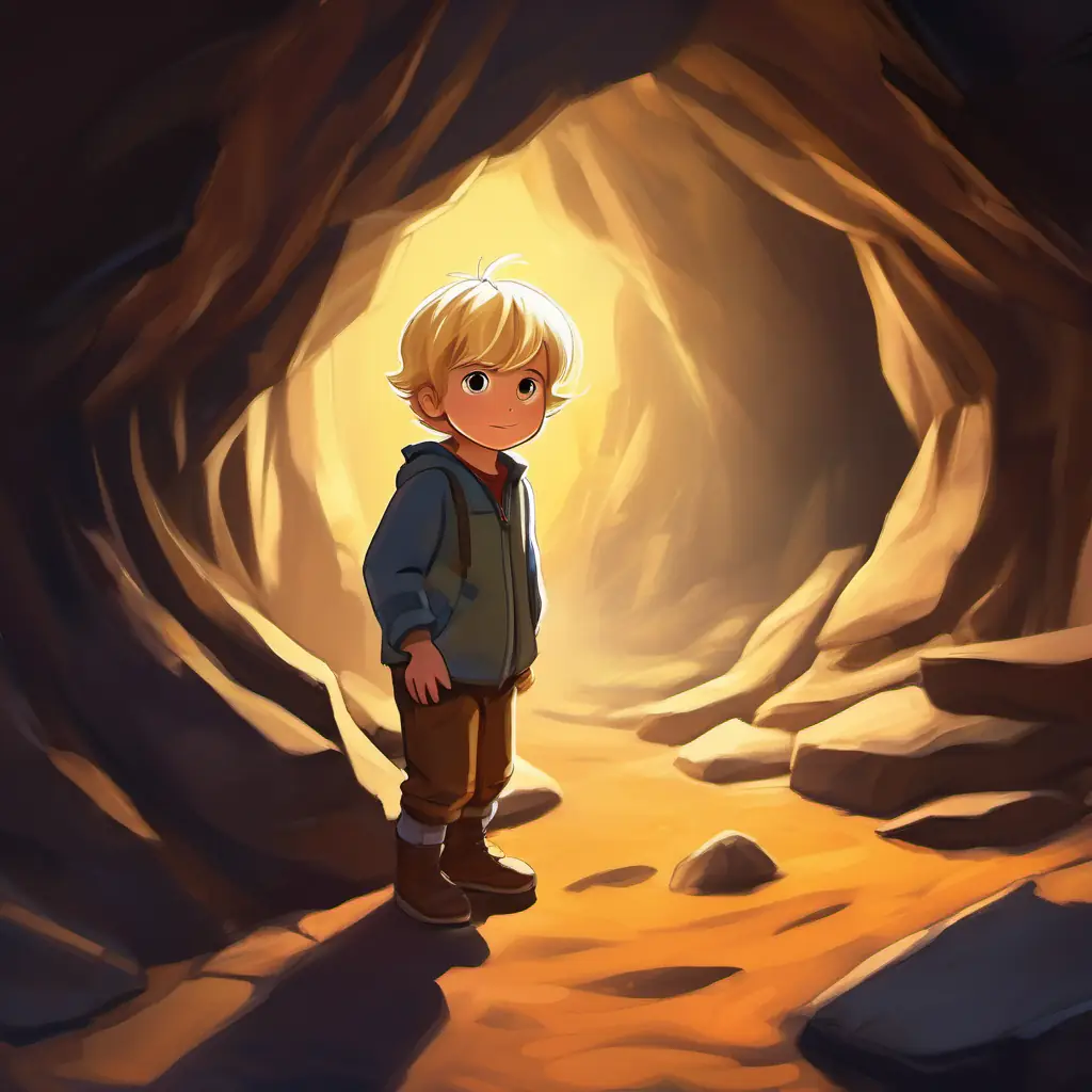 Jonas tiptoeing through a dark and spooky cave, with shadows playing tricks on the walls and mysterious glowing eyes peering from the darkness.
