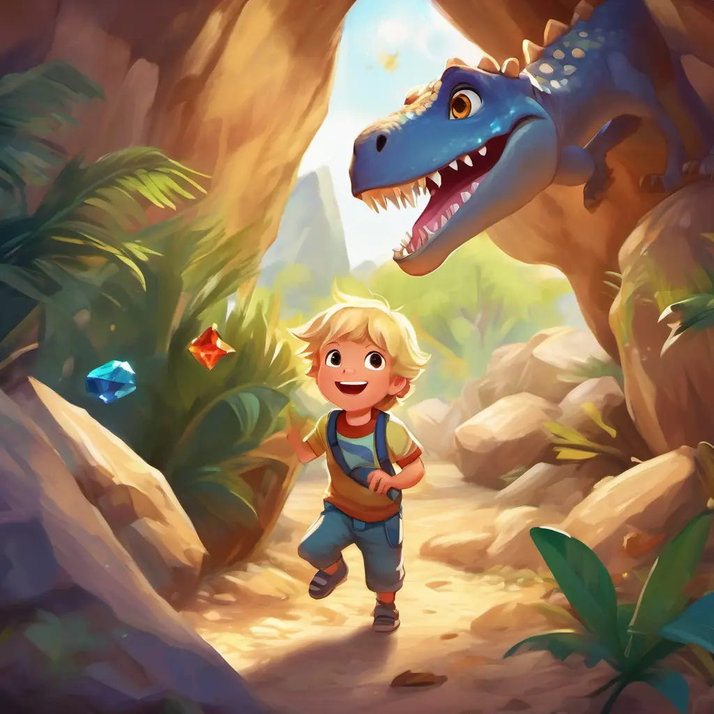 Jonas and the dinosaur laughing and chasing each other around the cave, playing with funny faces and silly pranks, with colorful crystals shimmering all around them.