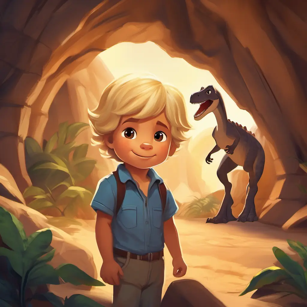 Jonas und ein dinosaurier in einer höhle