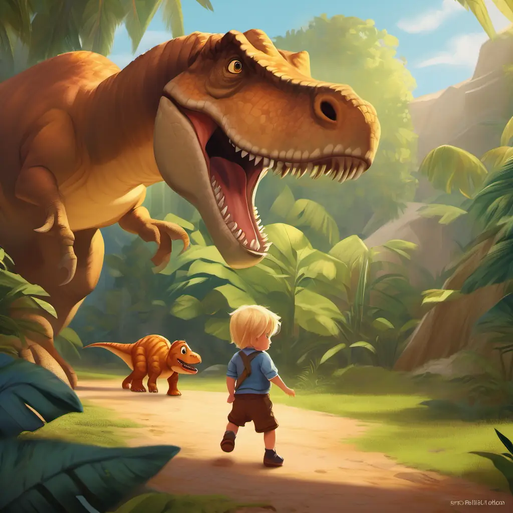 Jonas trying to sneak out, but then tripping and falling, with the dinosaur's long tail swinging by and narrowly missing him.