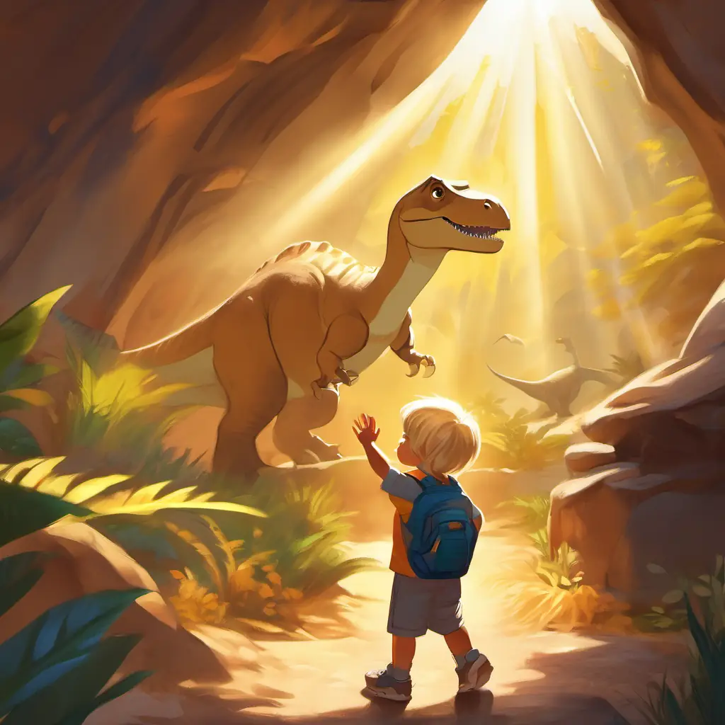 Jonas waving goodbye to the dinosaur, with the morning sun shining through the cave's entrance, casting warm golden rays over them, promising to meet again.
