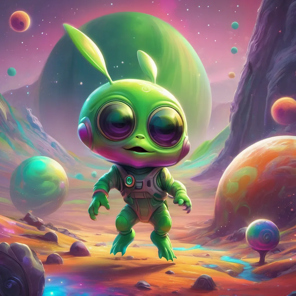 Adorable little green alien with big, bright eyes looking excited while standing on a colorful alien planet