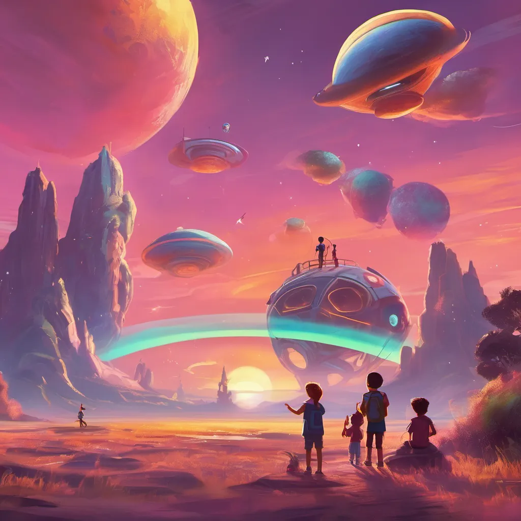 Children and little alien singing and playing games, sunset colors in the sky