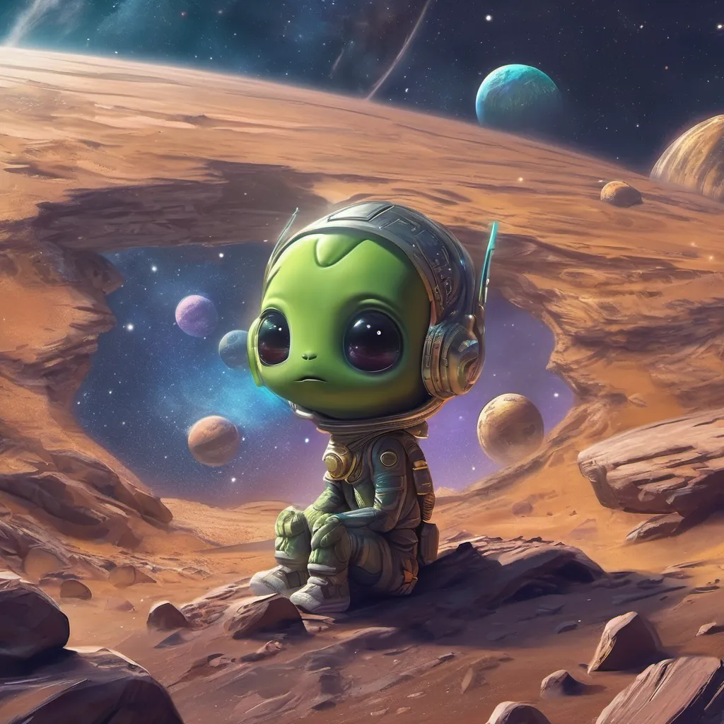 Little alien back on his home planet, looking at the stars with a content expression