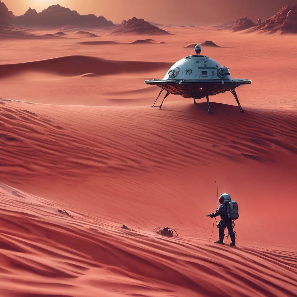 Red sandy dunes of Mars with little alien exploring, the SparkleShip hovering nearby