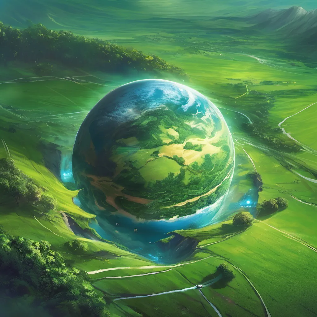 Earth seen from space, approaching the green and blue planet, SparkleShip hovering above grassy fields