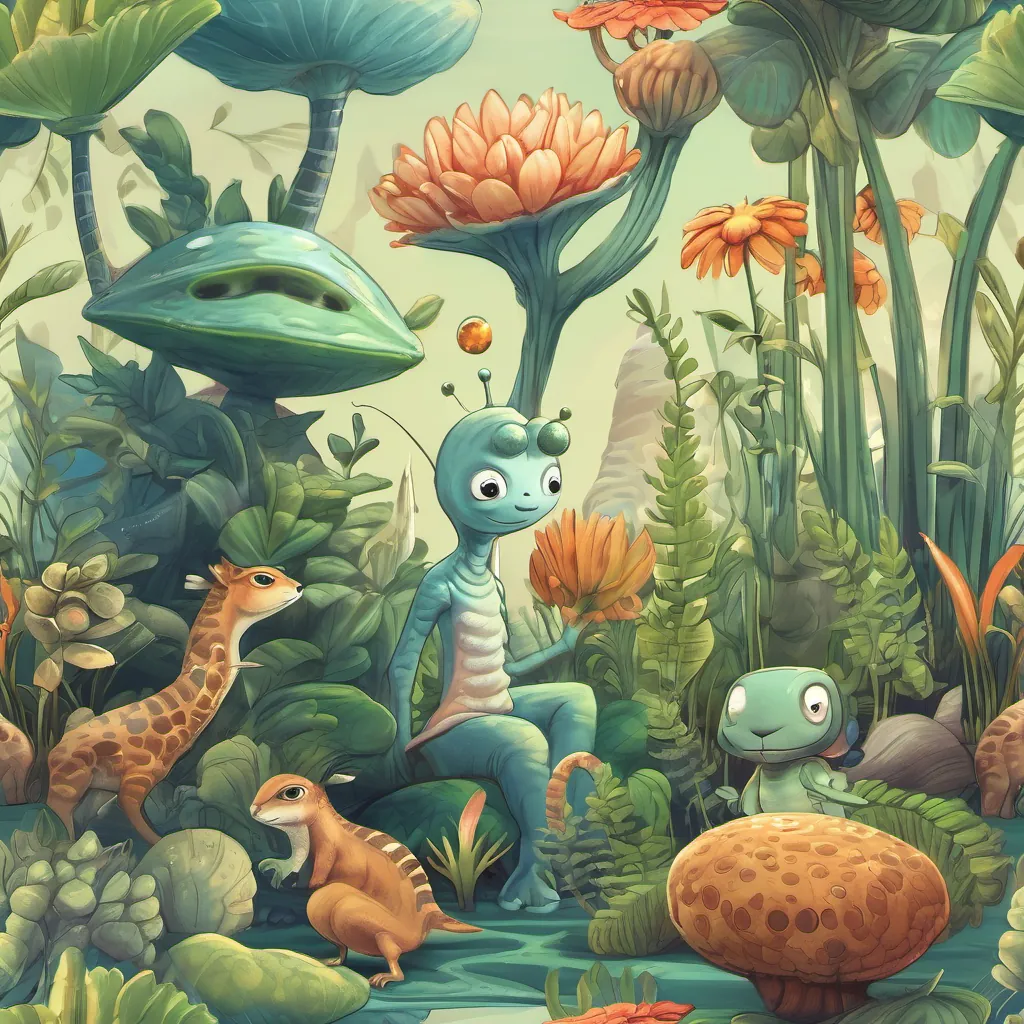 Little alien interacting with various Earth animals and plants, looking very happy