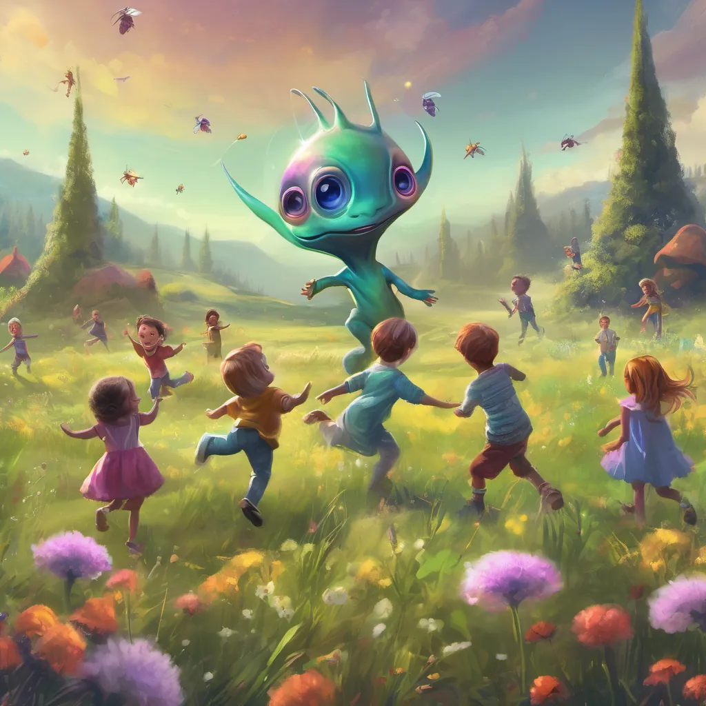 Children playing in a meadow with the little alien joining them, everyone laughing and dancing