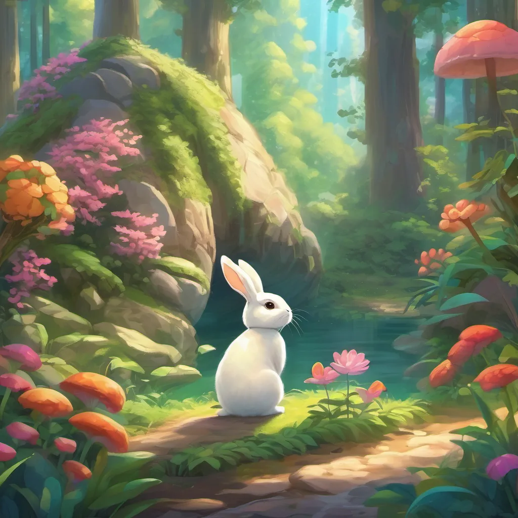 a magical forest with bright flowers, a fluffy rabbit, and a friendly turtle
