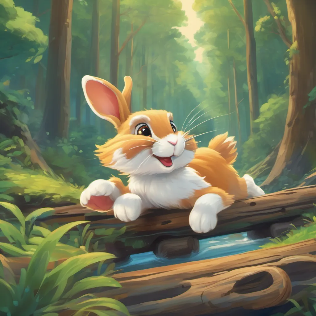 a rabbit racing through the forest, leaping over logs and streams with a confident smile