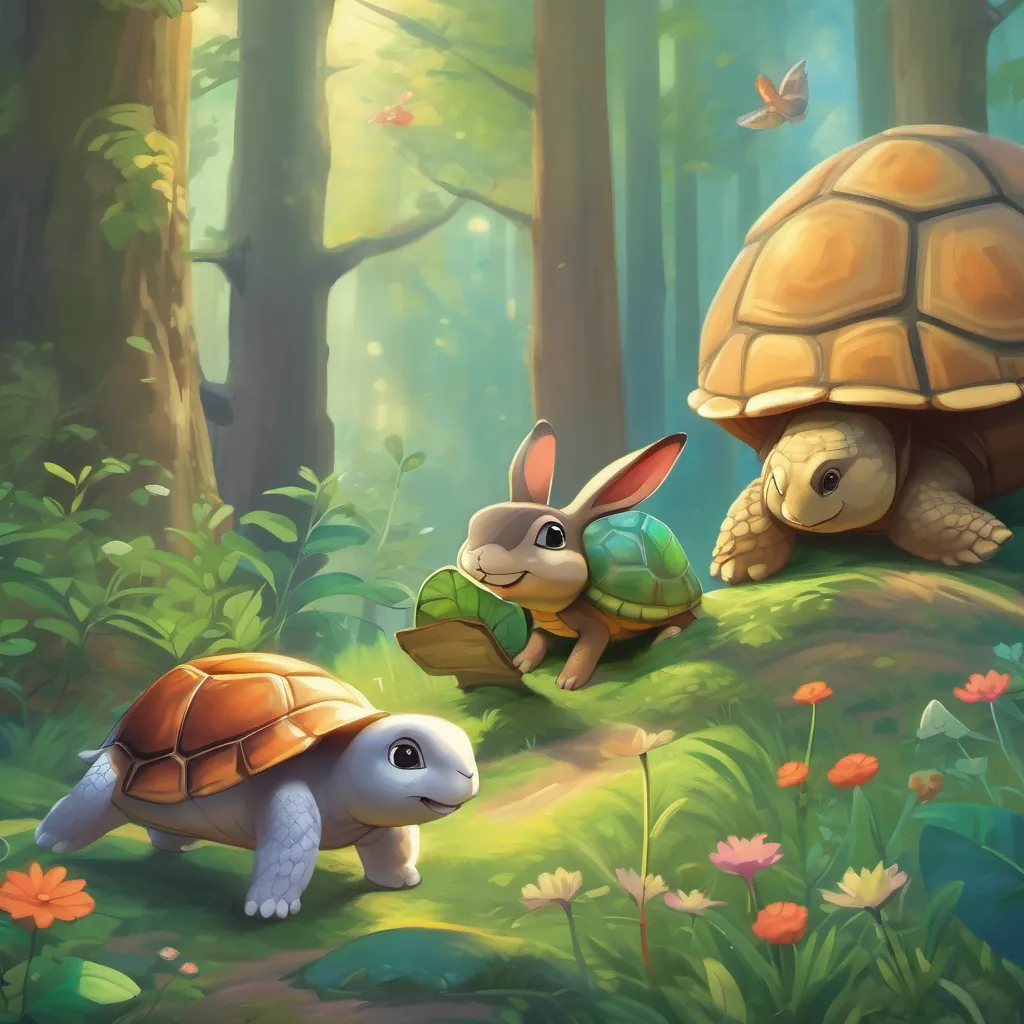 animals in the forest cheering a happy turtle as a thoughtful rabbit watches