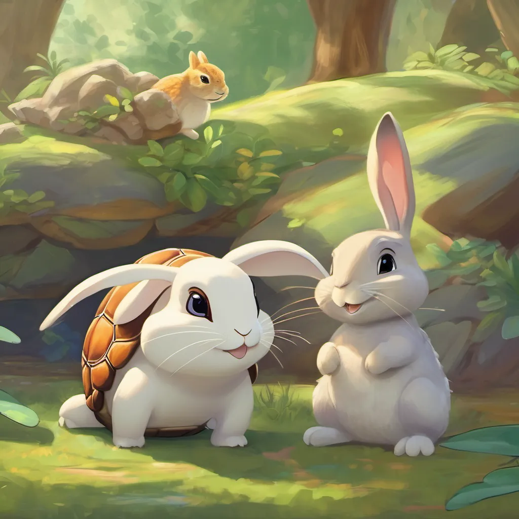 a turtle speaking kindly to a rabbit, both smiling