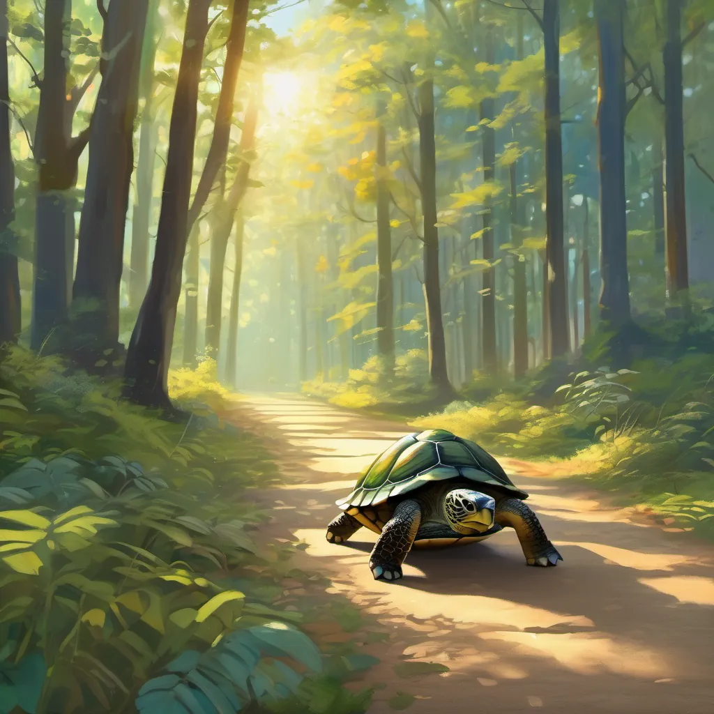 a turtle slowly walking on a sunlit path, the forest around glistening with sunlight