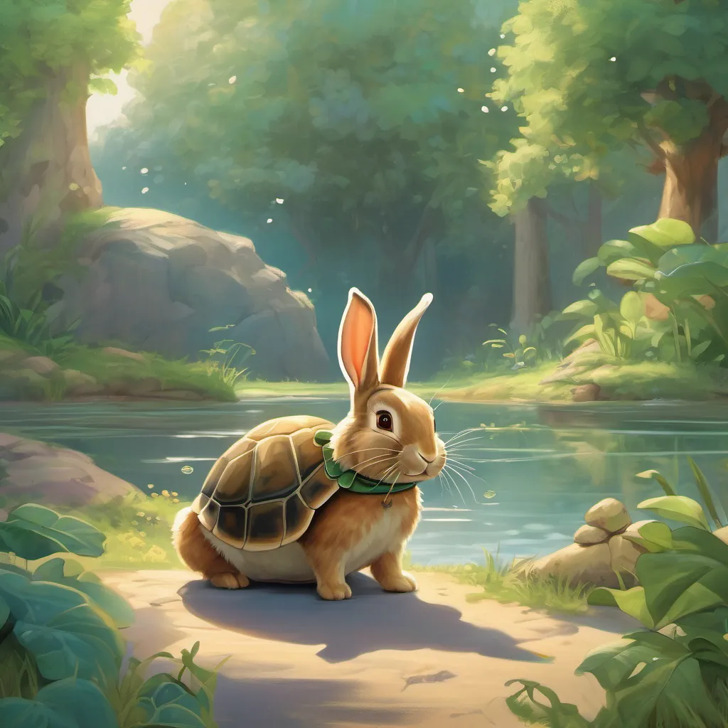 a rabbit laughing at a turtle, who looks back with a gentle smile