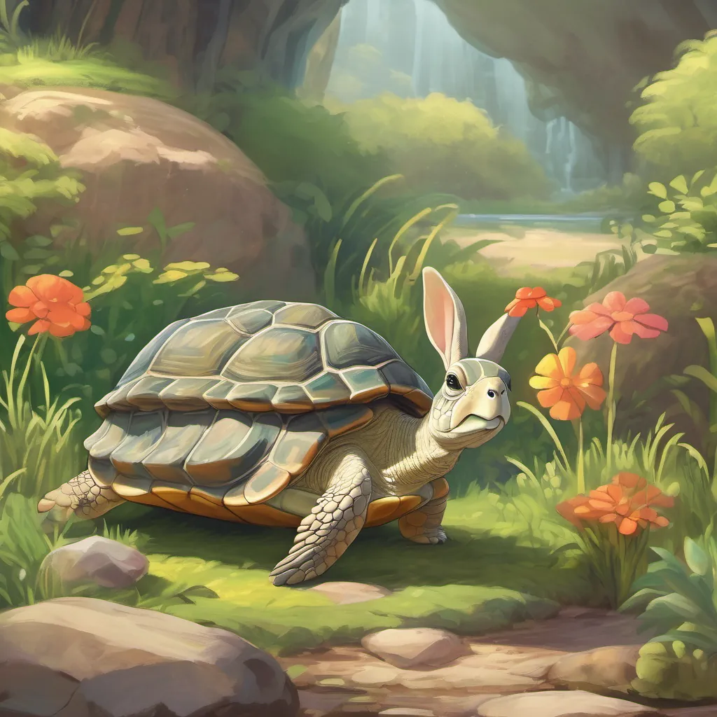 a wise turtle speaking calmly to a curious rabbit